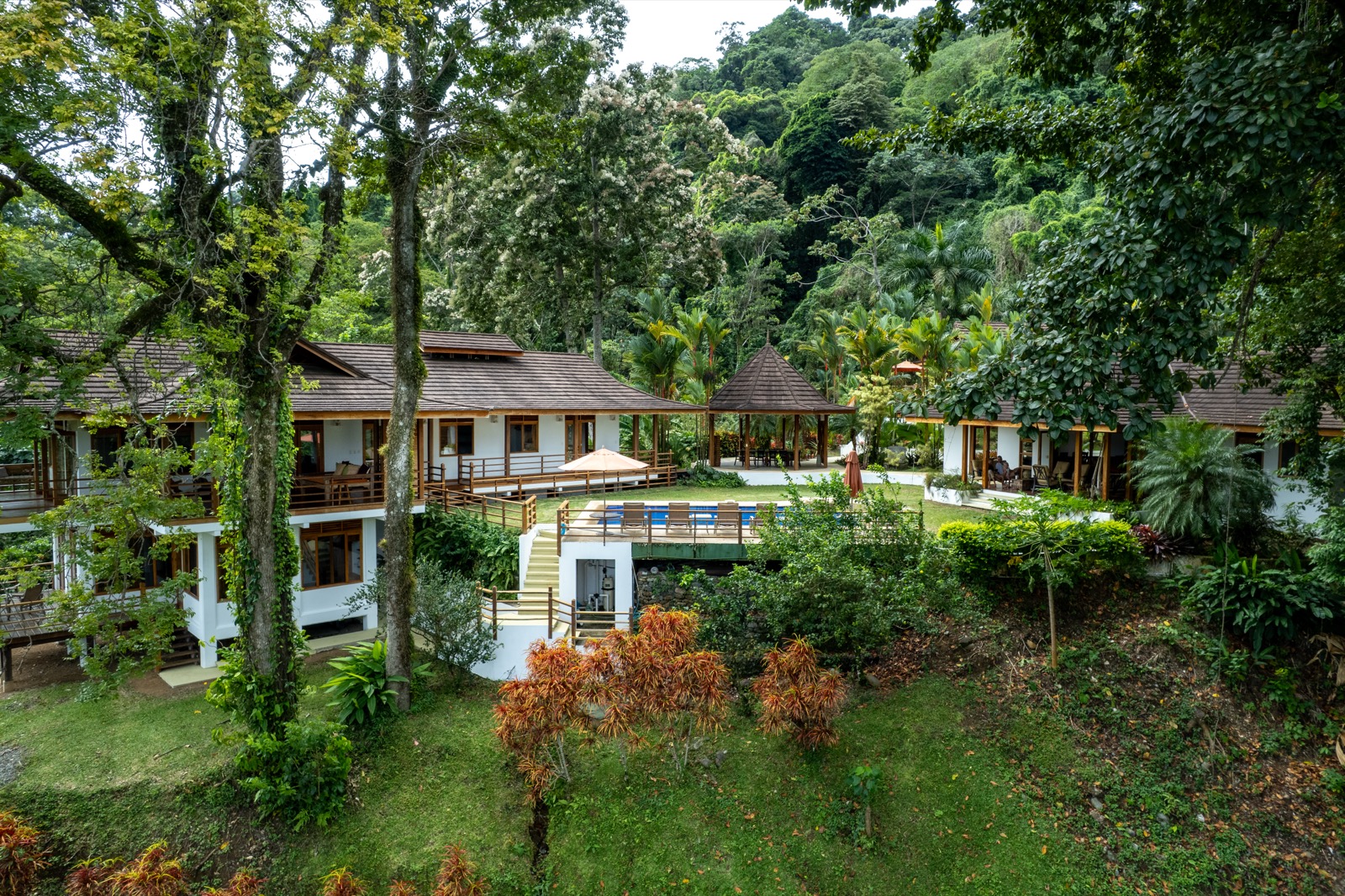 Aerial view of tropical resort complex in the jungle