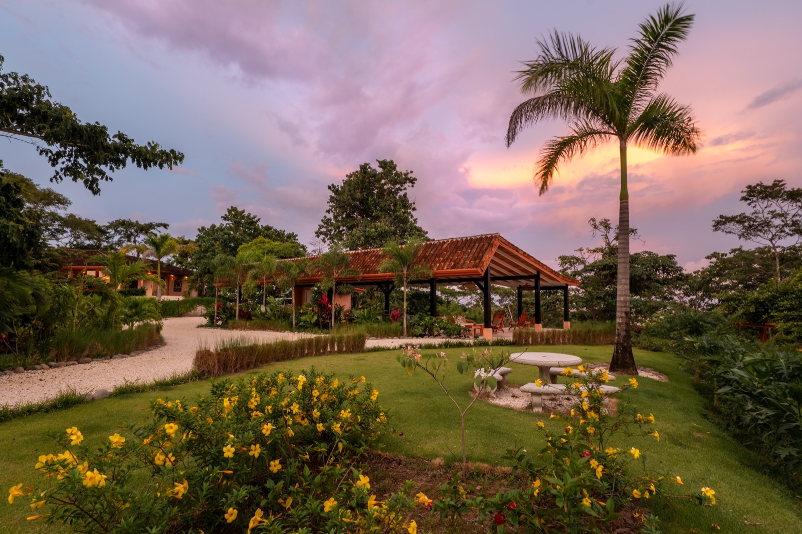 Tropical garden with pavilion at golden sunset