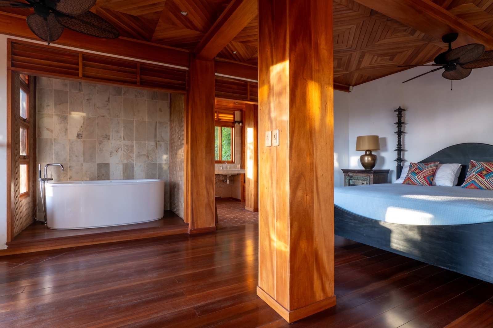 Wooden bathroom with warm ambient lighting